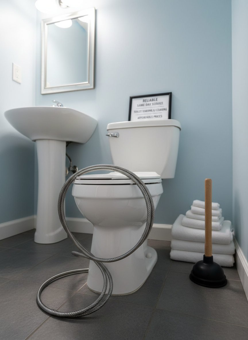 A realistic scene of a small downstairs bathroom in a NJ home, focused on a white porcelain toilet with a coiled, professional-grade plumbing snake partially inserted into the drain, the metal cable glinting under bright vanity lights. Water in the bowl appears slightly cloudy, subtly implying a clog, while nearby, clean towels and a neatly arranged plunger sit on a tile floor. The lighting is bright and even, from overhead and mirror-mounted fixtures, illuminating every surface. The composition is slightly angled from the doorway, creating depth without showing any people. The mood is calm and competent, reinforcing reliable same-day toilet snaking and drain-clearing service at an affordable price.