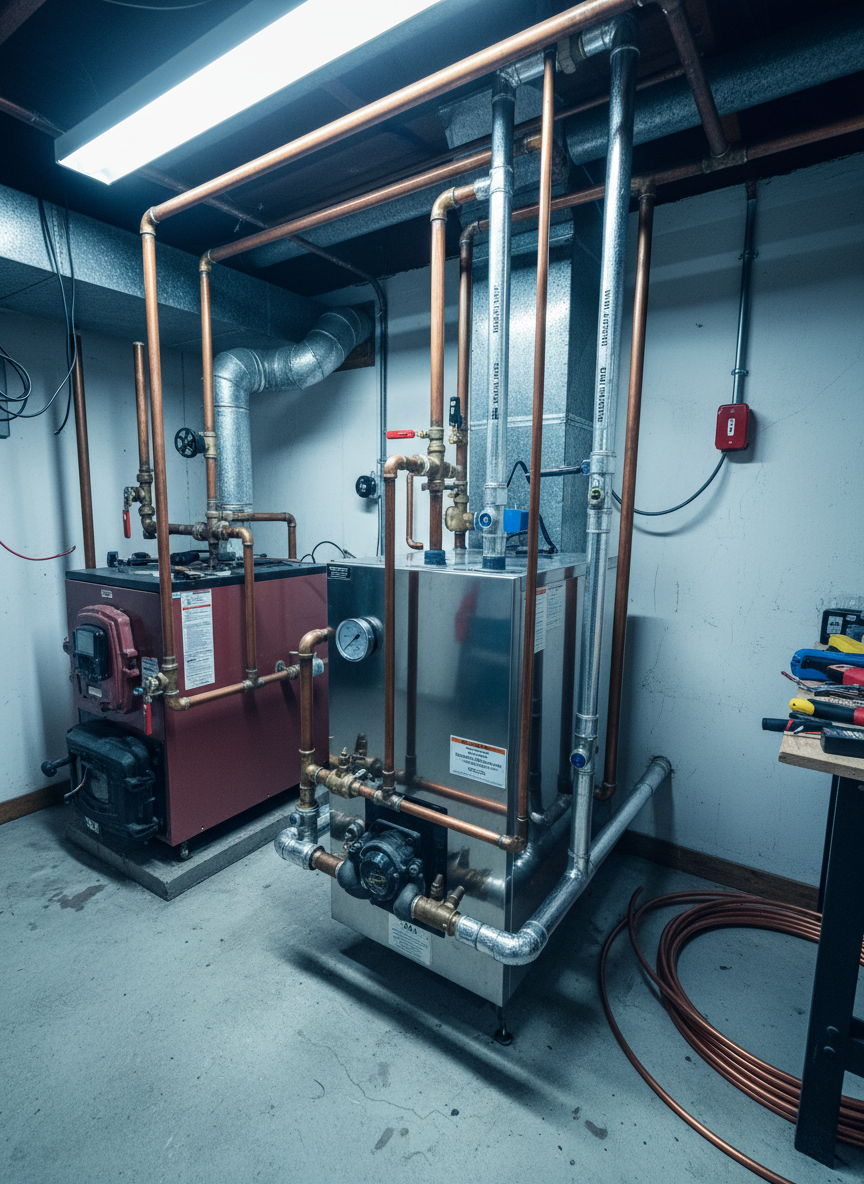 A compact basement boiler room in a Pennsylvania home near the NJ border, featuring a modern high-efficiency boiler unit with clearly visible copper lines, pressure gauge, and insulated pipes leading to both heating and cooling systems. Beside it, an older boiler sits partially disconnected, emphasizing upgrade and servicing. Cool overhead utility lighting creates crisp highlights on the metal surfaces and casts gentle shadows across the concrete floor. The mood is technical yet reassuring, conveying expert maintenance and emergency repair capability. Photographic realism, wide-angle lens at eye level, balanced composition with the new boiler centered and auxiliary equipment arranged around it, deep focus capturing every valve, fitting, and safety control in clear detail.