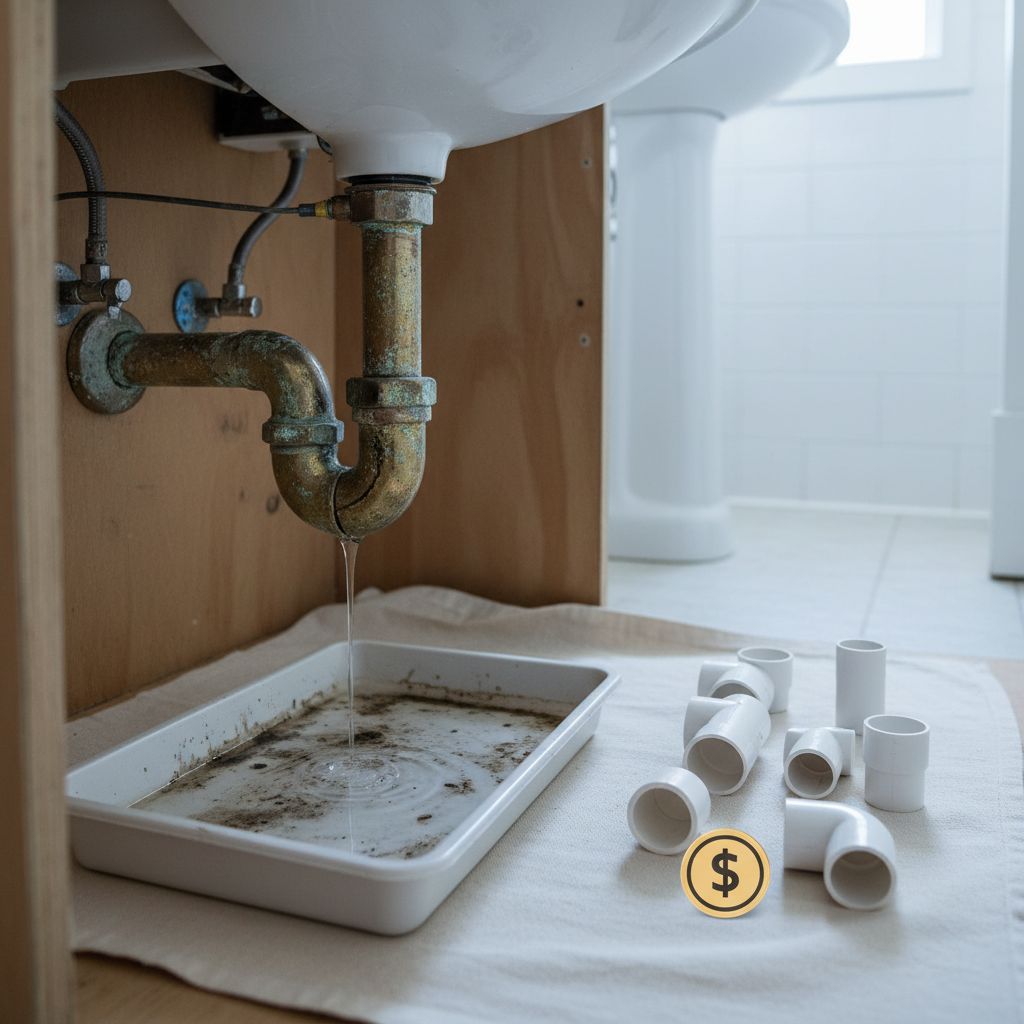 A close-up of a problematic under-sink plumbing situation in a suburban NJ bathroom, showing an old P-trap dripping water into a shallow plastic tray, darkened by mineral stains. Next to it, new replacement pipes and fittings are neatly arranged on a clean drop cloth, suggesting an imminent affordable repair with a small estimate fee tag subtly implied as a non-text symbol. Diffused cool-white LED ceiling lighting casts even illumination, revealing textures on the pipes and cabinet interior. The atmosphere is practical and solution-focused, highlighting transformation from leak to fix. Photographic realism, slightly elevated angle, moderate depth of field, with the foreground pipes in crisp focus and the rest of the bathroom softly blurred.