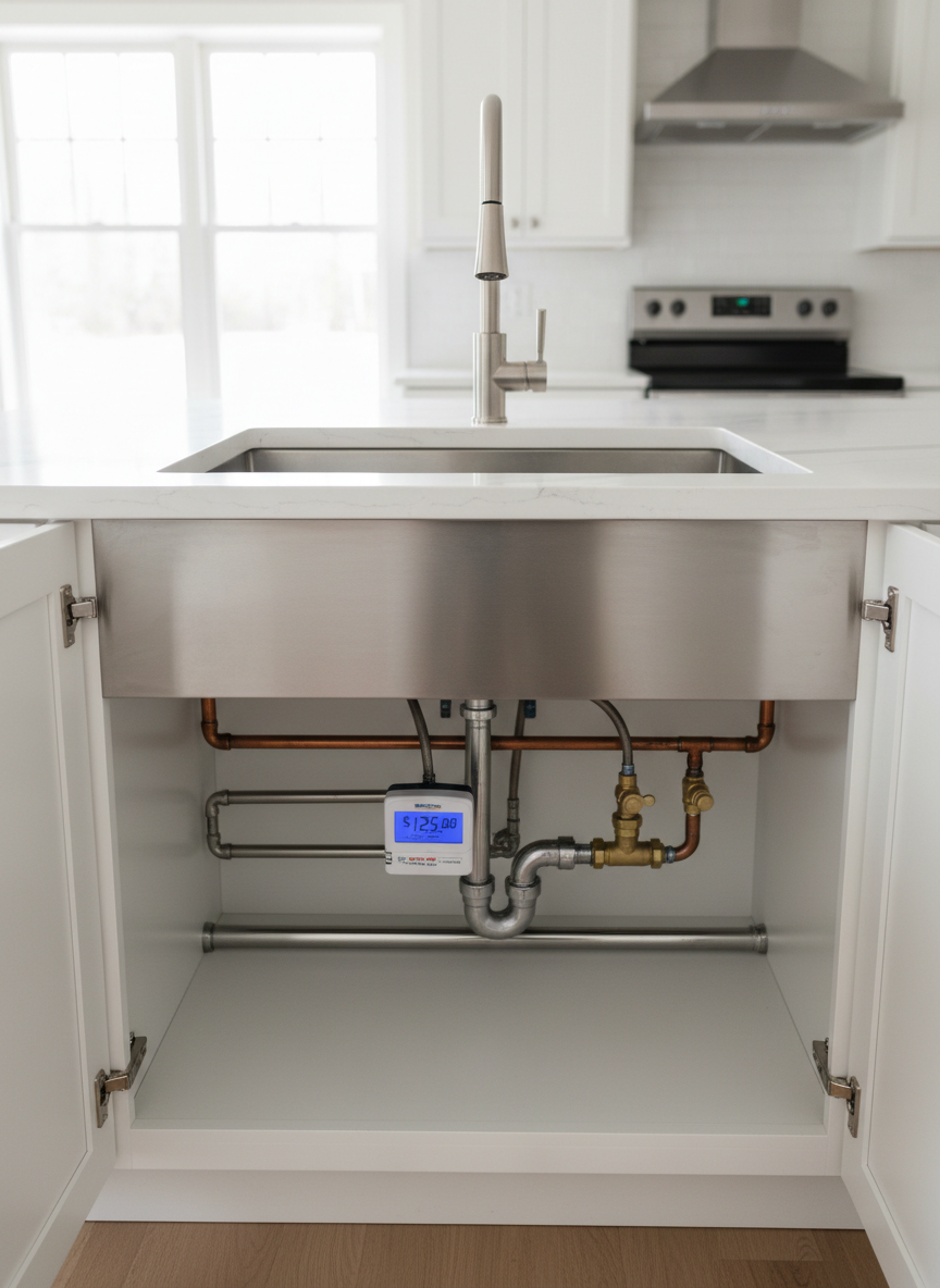 A gleaming stainless-steel kitchen sink installation in a modern New Jersey home, the deep rectangular basin perfectly aligned in a fresh quartz countertop. Underneath, the cabinet doors are open to reveal neatly organized PVC and copper pipes, new shutoff valves, and a small, labeled meter indicating an affordable service estimate. Soft midday light from a nearby window highlights the clean, dry fittings and polished faucet, with subtle reflections on the metal surfaces. The mood is professional and reassuring, emphasizing quality workmanship and rapid repair. Photographic realism, eye-level composition, sharp focus throughout, with a slightly blurred background showing a tidy, remodeled kitchen in Morris County, NJ.